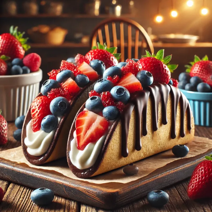 Chocolate Tacos with Sweet Cream Filling and Fresh Berries